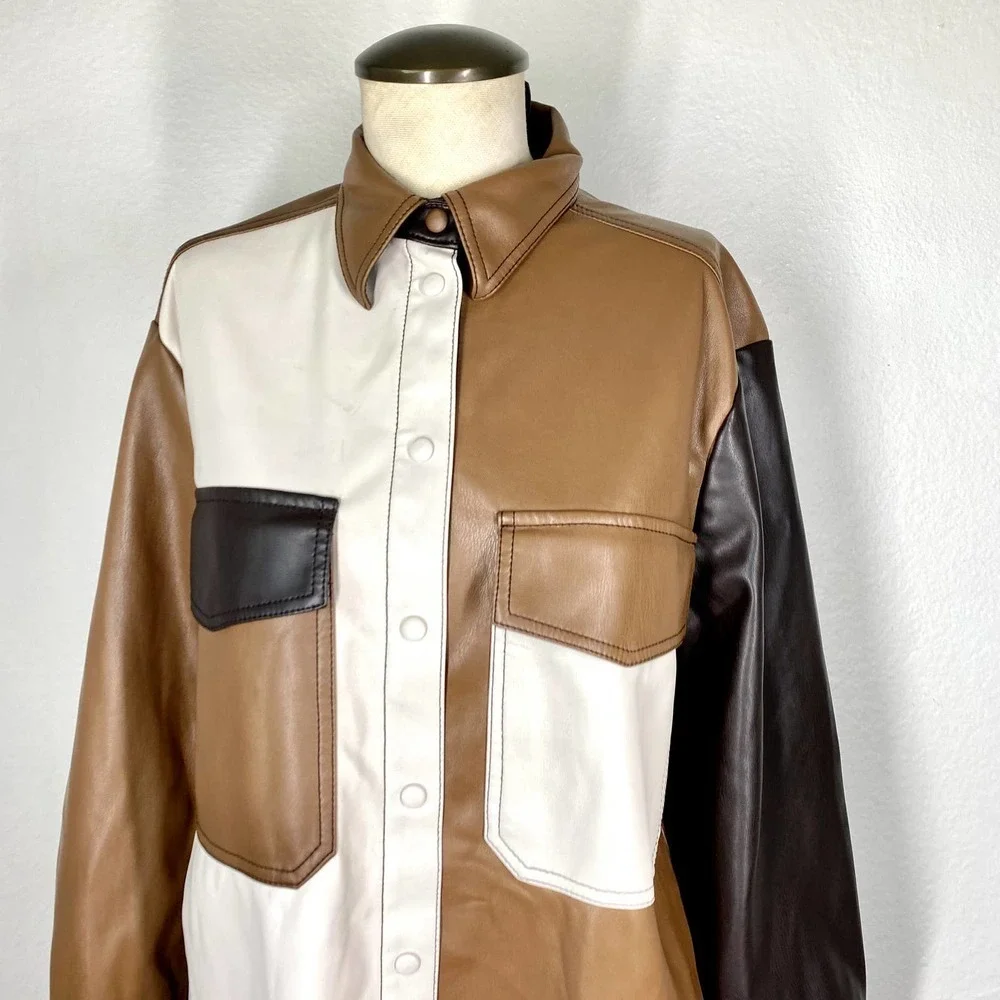 SFIZIO Faux Leather Patchwork Shacket  Brown and White Women's Size M - Picture 5 of 11